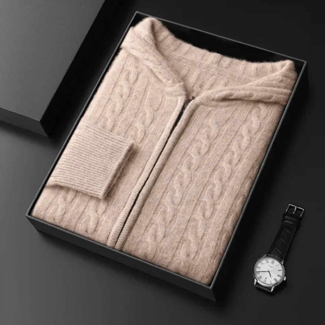 Cream wool blend cable knit hoodie sweater with full-zip closure and ribbed cuffs