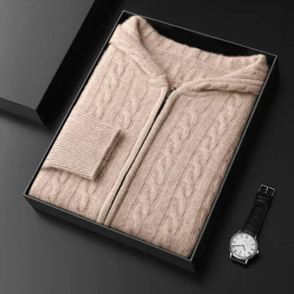 Cream wool blend cable knit hoodie sweater with full-zip closure and ribbed cuffs