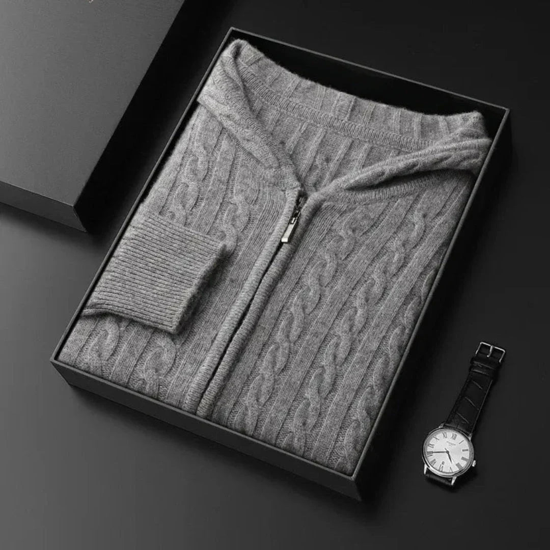Cream cable knit wool blend hoodie sweater with full-zip closure and functional hood