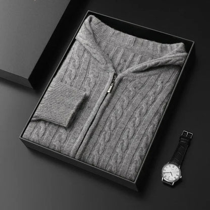 Cream cable knit wool blend hoodie sweater with full-zip closure and functional hood