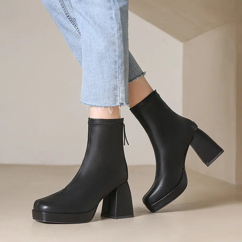 Women's black chunky heel ankle boots with square toe and soft cotton lining for everyday elegance