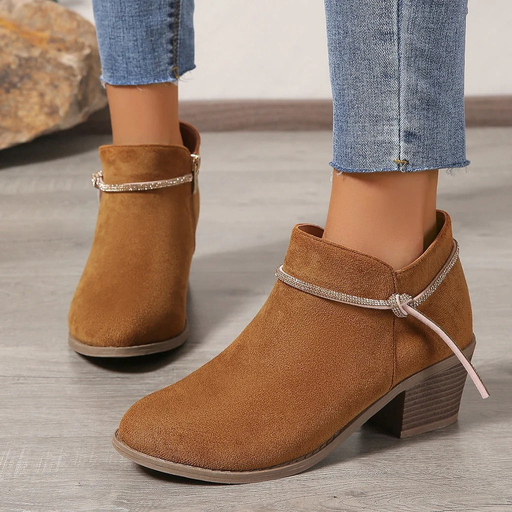 Women's black soft-brushed fabric ankle boots with chunky block heel and chic versatile silhouette