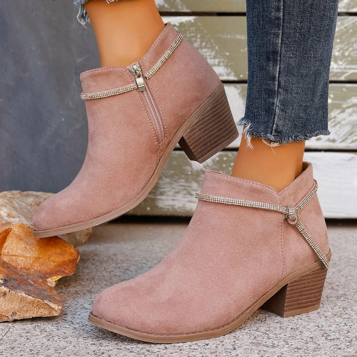 Women's black chunky block heel ankle boots in soft-brushed fabric with chic versatile silhouette