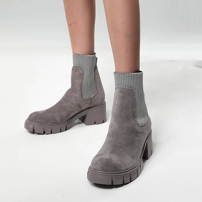 Women's black suede slip-on chunky heel winter boots with durable rubber sole for cold weather