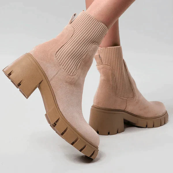 Women's black suede slip-on chunky heel winter boots with durable rubber sole for cold weather