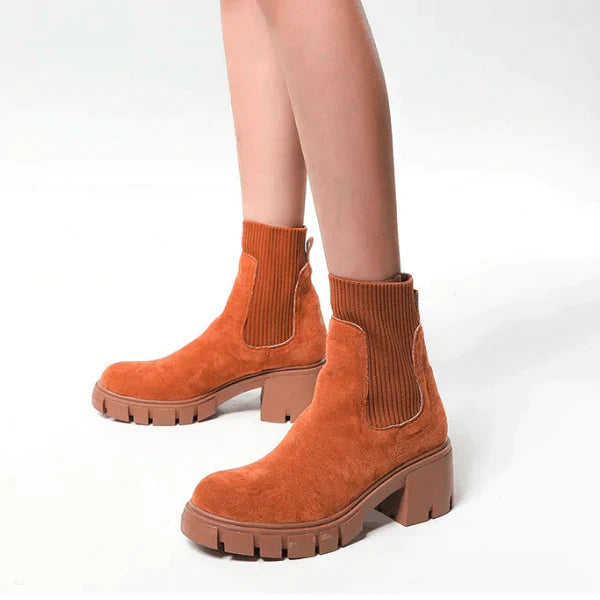 Women's brown suede slip-on chunky heel winter boots with durable rubber sole for cold weather