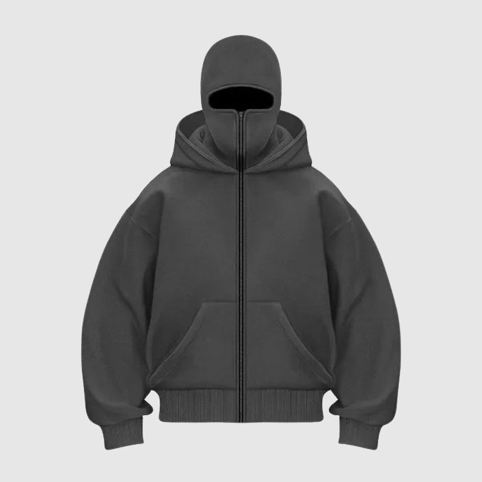 Black oversized zip hoodie with built-in balaclava mask, heavy polyester blend streetwear style