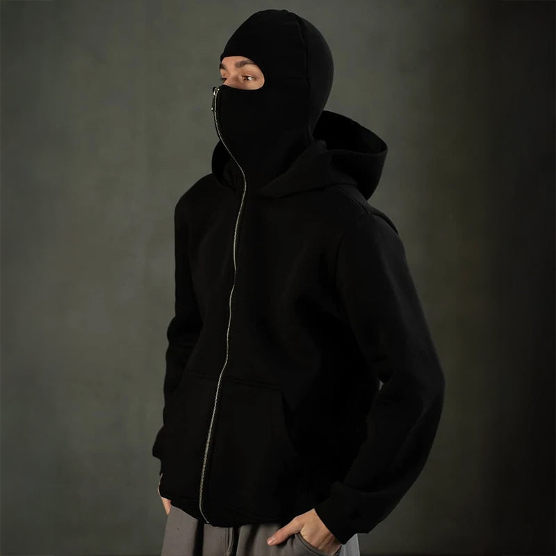 Black oversized zip hoodie with built-in balaclava mask, heavy polyester blend streetwear style