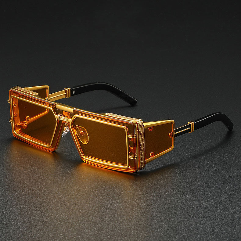 Bold black square fortress-design punk sunglasses with high-end luxury attitude