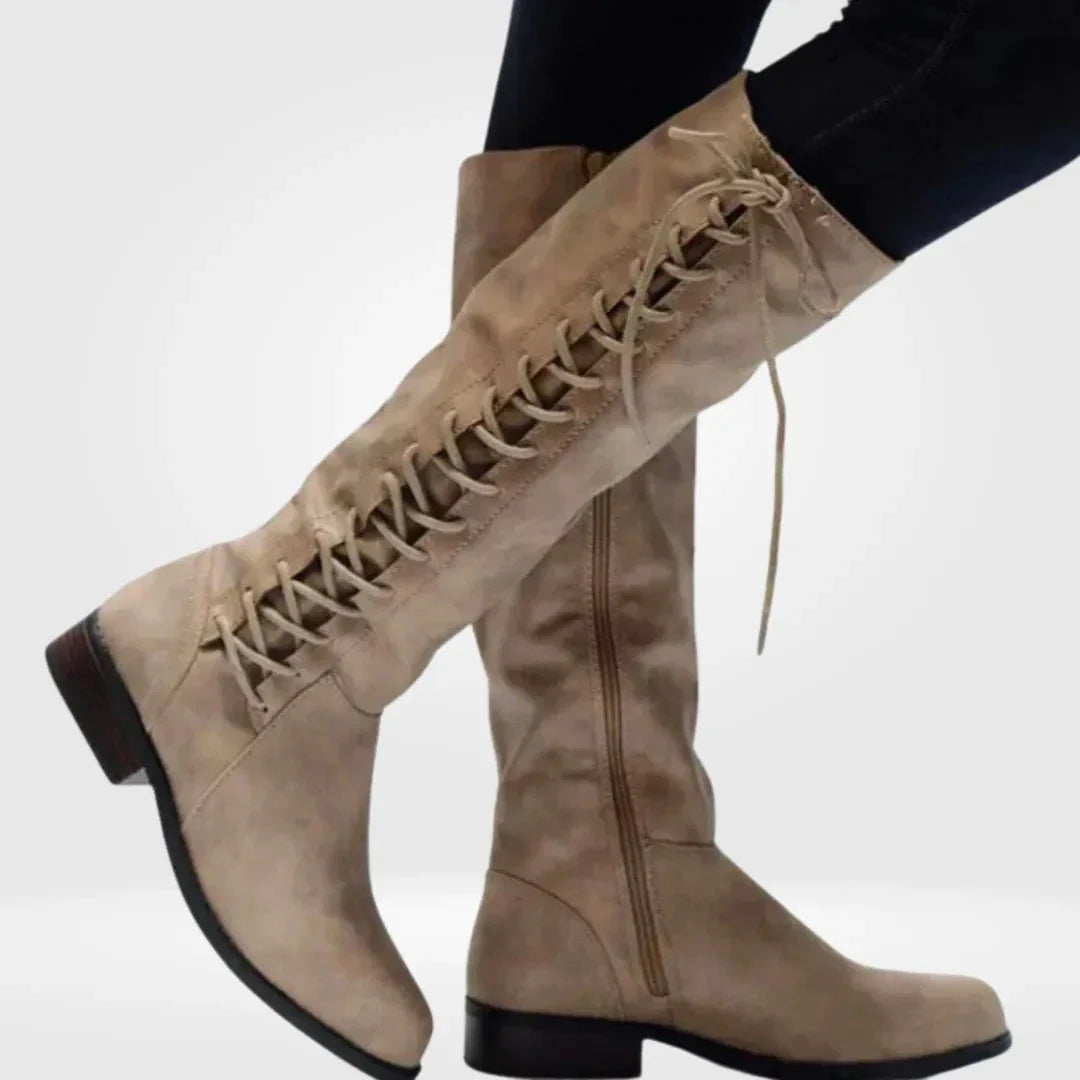 Black knee-high lace-up boots with sleek adjustable front lacing for a secure customizable fit
