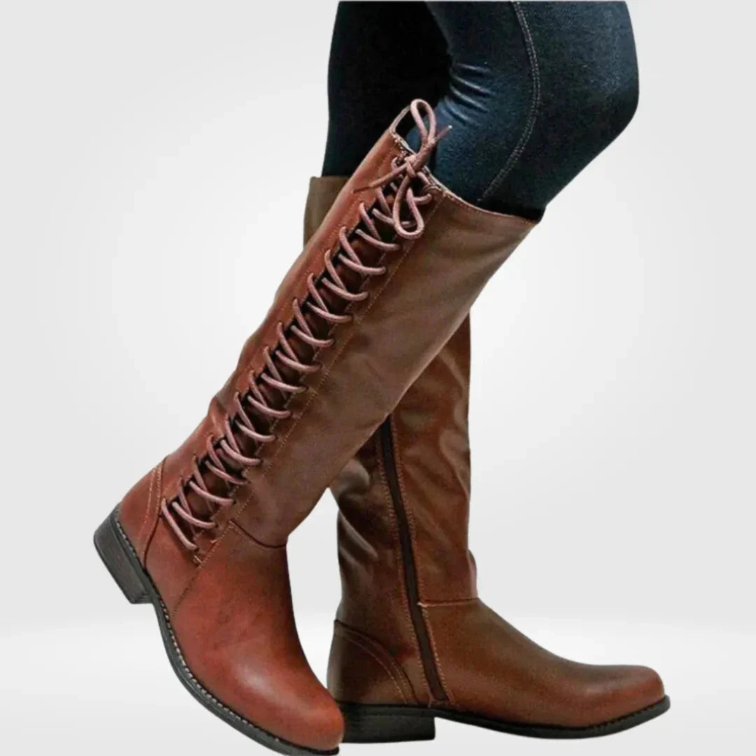 Black lace-up knee high boots with adjustable front lacing for a secure customizable fit