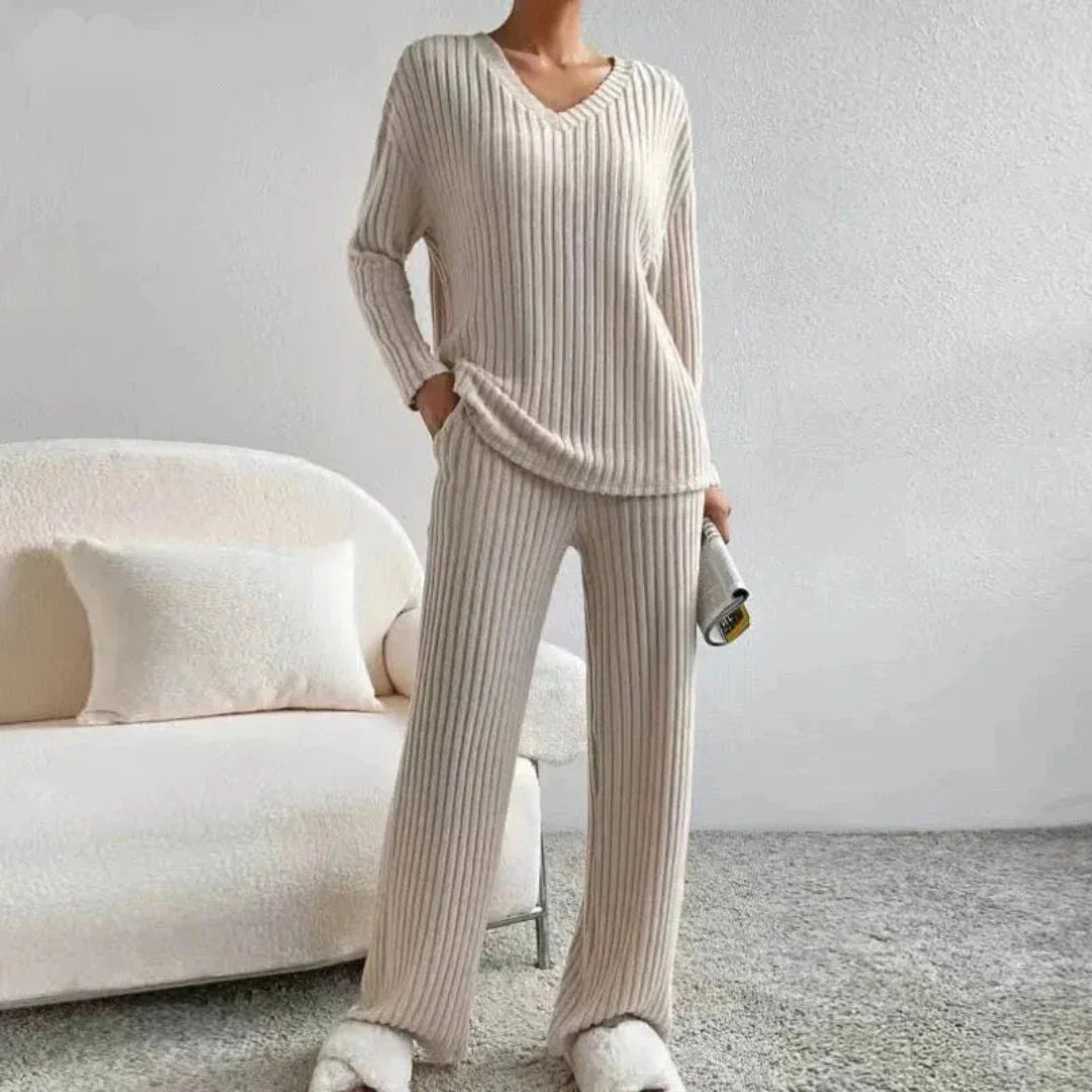Beige ribbed cotton-blend knit loungewear set with relaxed V-neck sweater and wide-leg pants