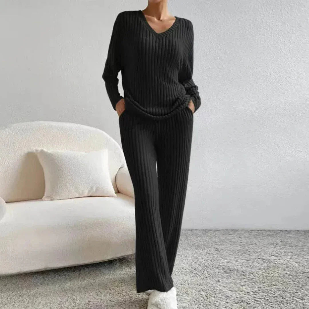 Beige ribbed cotton-blend knit two-piece set with relaxed V-neck sweater and wide-leg pants