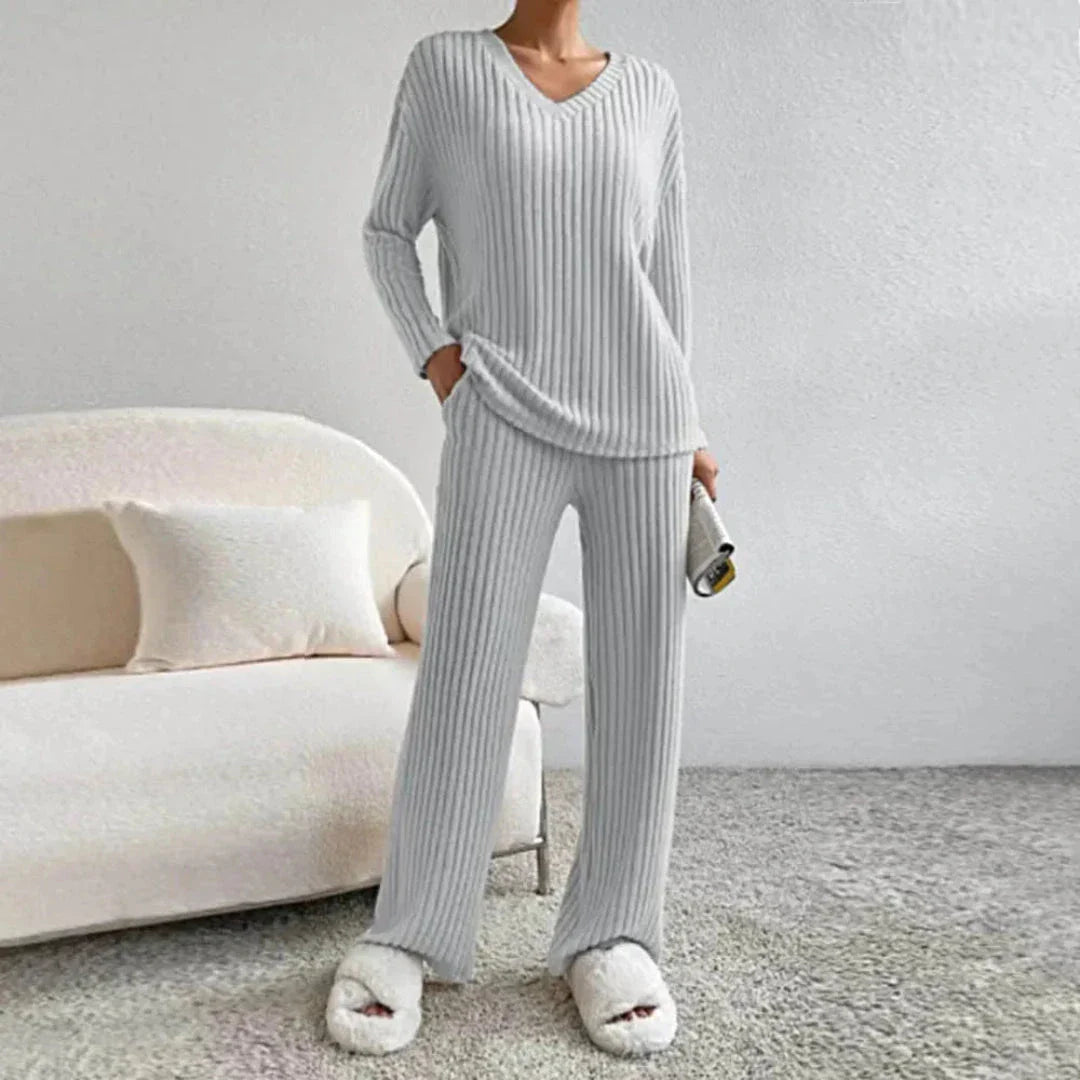 Beige ribbed cotton-blend knit V-neck sweater and wide-leg pants two-piece loungewear set
