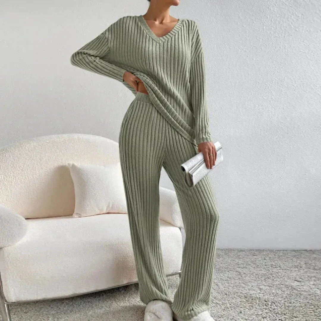Beige ribbed cotton-blend knit two-piece loungewear set with V-neck sweater and wide-leg pants