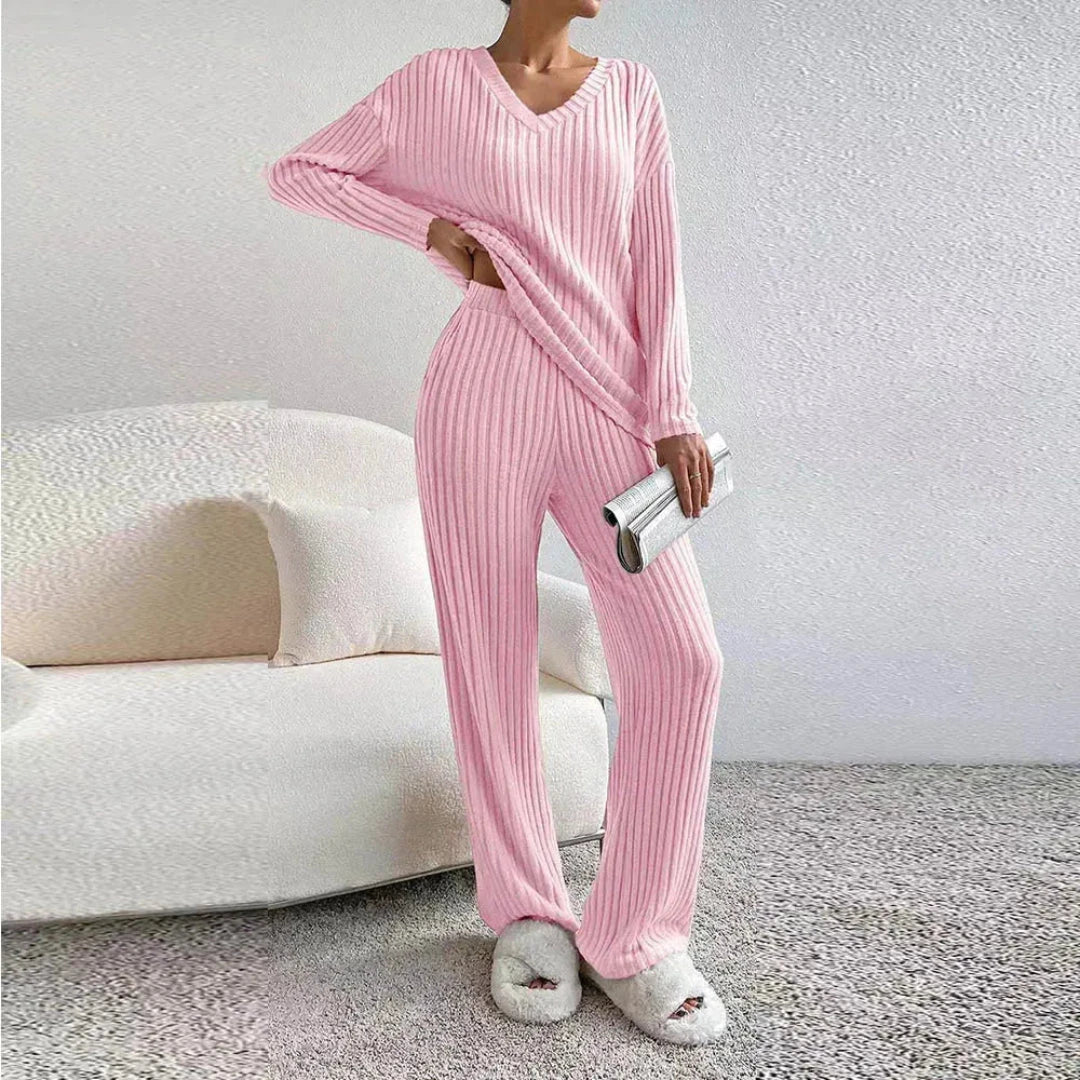 Beige ribbed cotton-blend knit two-piece set with relaxed V-neck sweater and wide-leg pants