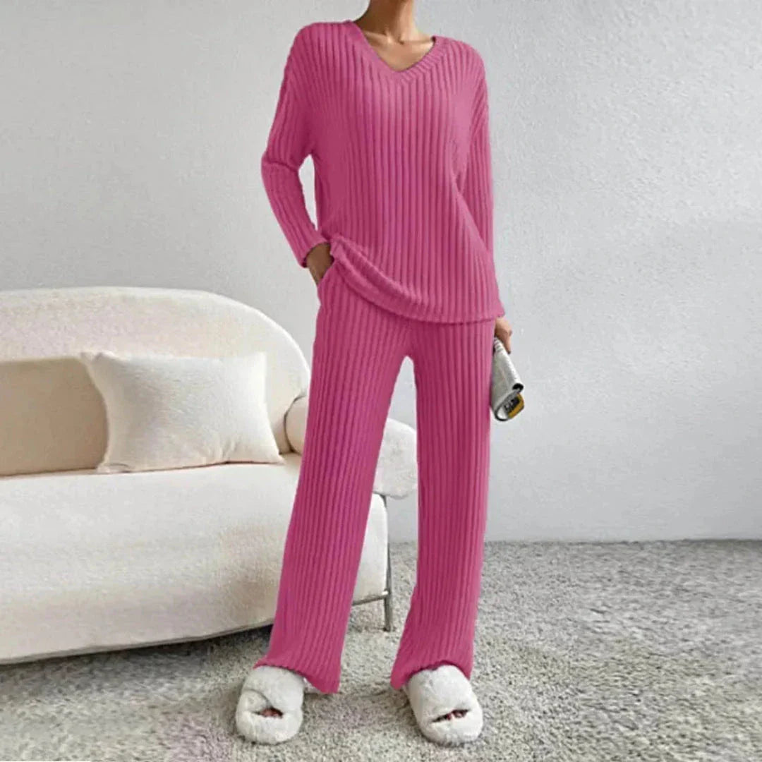 Cream ribbed cotton-blend knit V-neck sweater and wide-leg pants two-piece loungewear set
