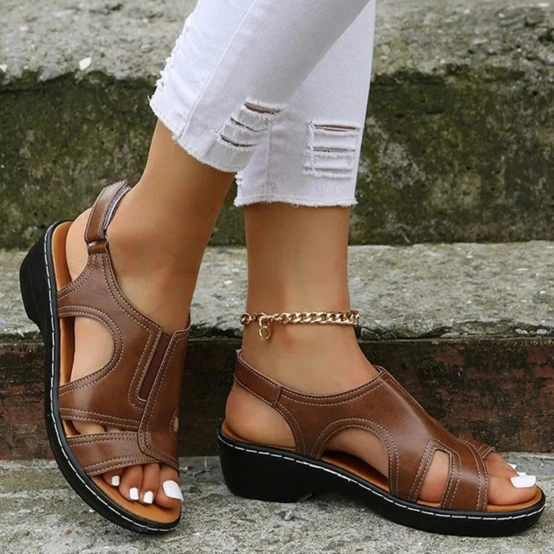 Women's beige comfort open-toe slingback sandals with cushioned sole and adjustable strap