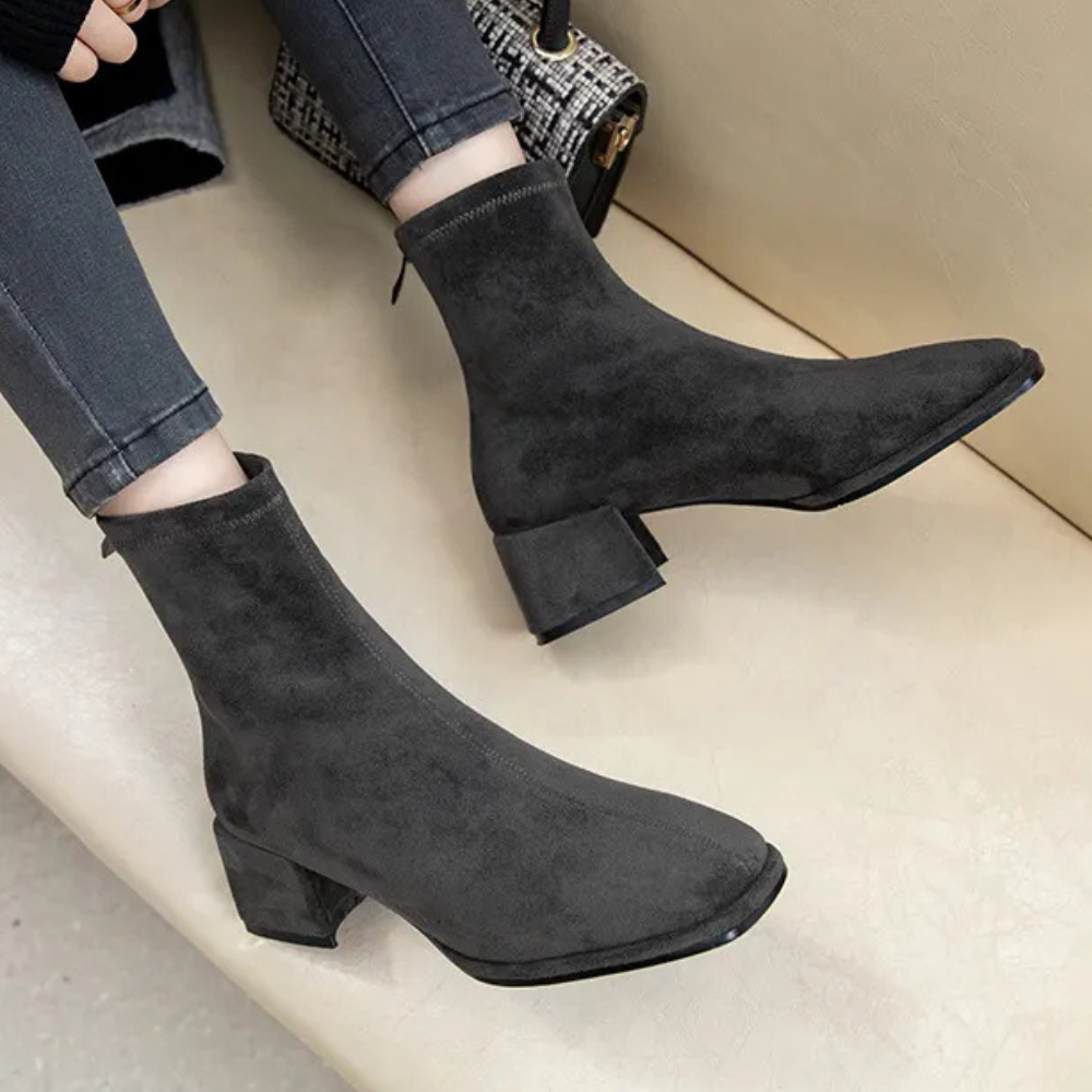 Women's classic ankle boots in neutral tone, minimalist silhouette with soft-brushed fabric upper