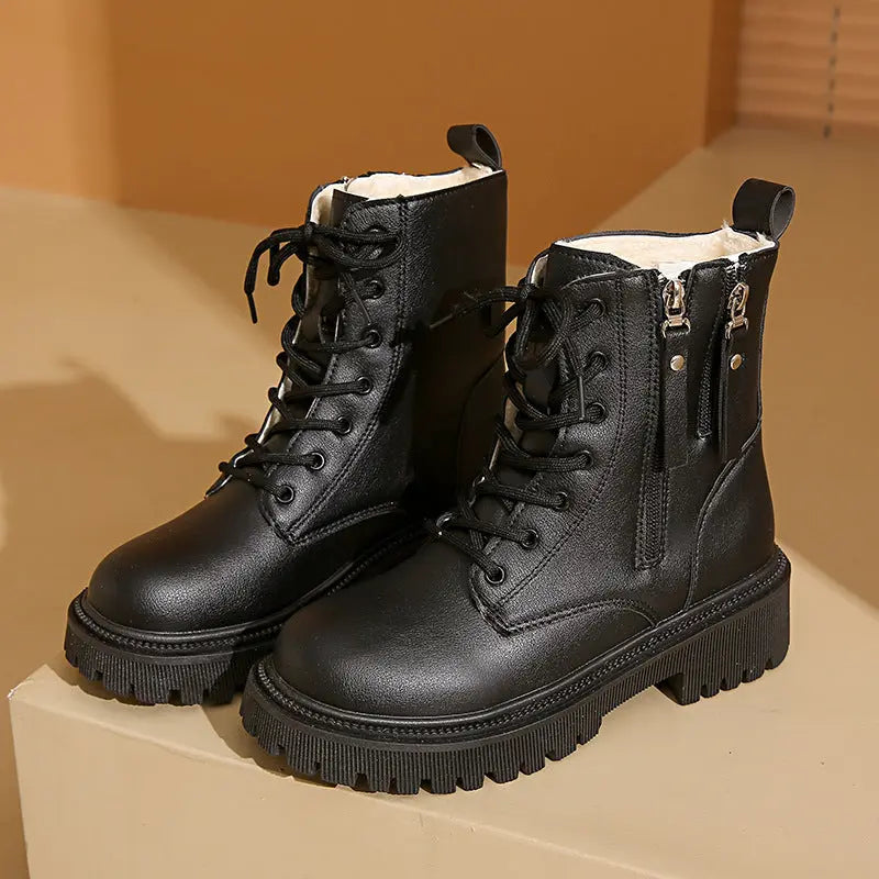 Women's beige black synthetic leather Martin boots stylish versatile ankle cut classic design