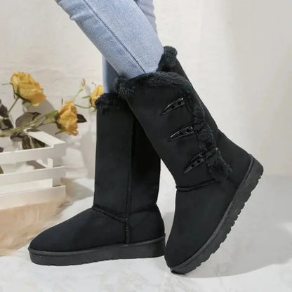 Women's mid-calf plush snow boots in neutral tones, wool-lined with rugged winter outsole