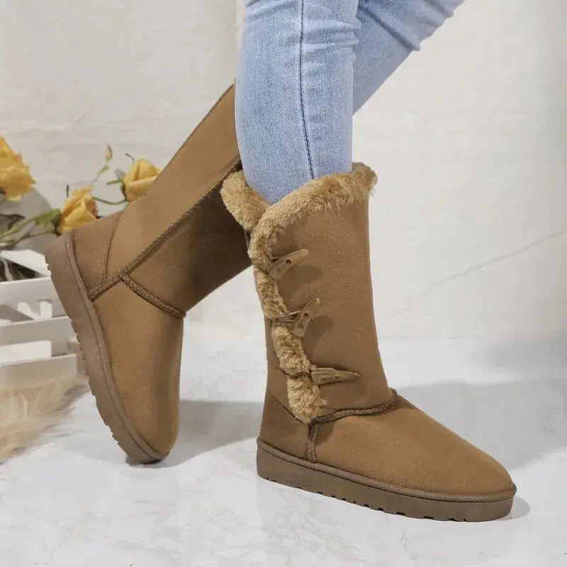 Women's mid-calf plush snow boots, warm wool-lined winter footwear with rugged outsole