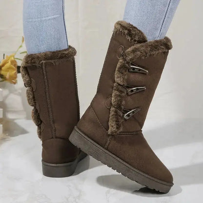 Women's mid-calf plush snow boots, warm wool-lined winter footwear with rugged outsole