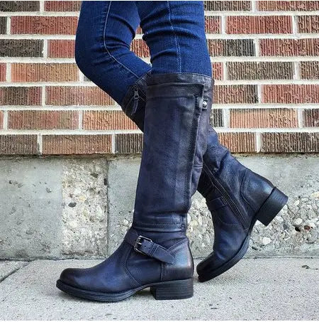 Women's black knee-high boots round toe microfiber construction sleek elegant silhouette