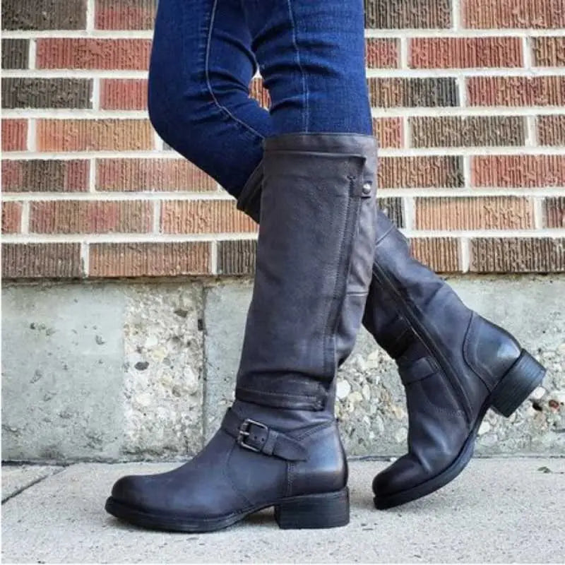 Women's black knee-high boots with round toe, premium microfiber construction for all-day comfort