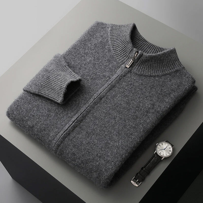Men's soft beige cashmere wool zip-up cardigan lightweight refined layer for autumn winter