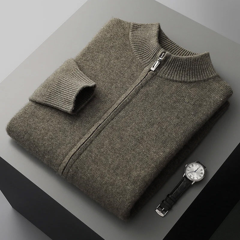Men's soft beige cashmere wool zip cardigan lightweight knit layer for autumn winter everyday style