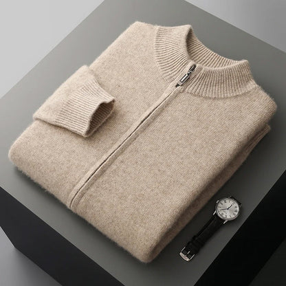 Men's soft beige cashmere wool zip-up cardigan lightweight knit layer for autumn winter everyday wear