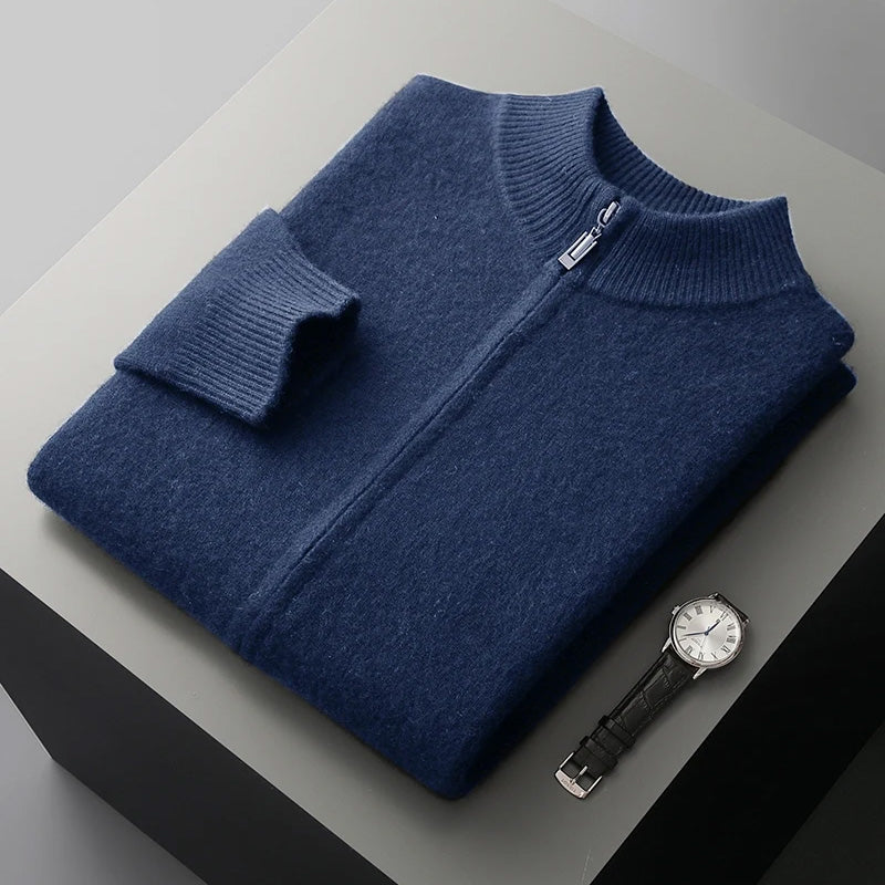 Men's soft beige cashmere wool zip-up cardigan lightweight knit layer for autumn winter