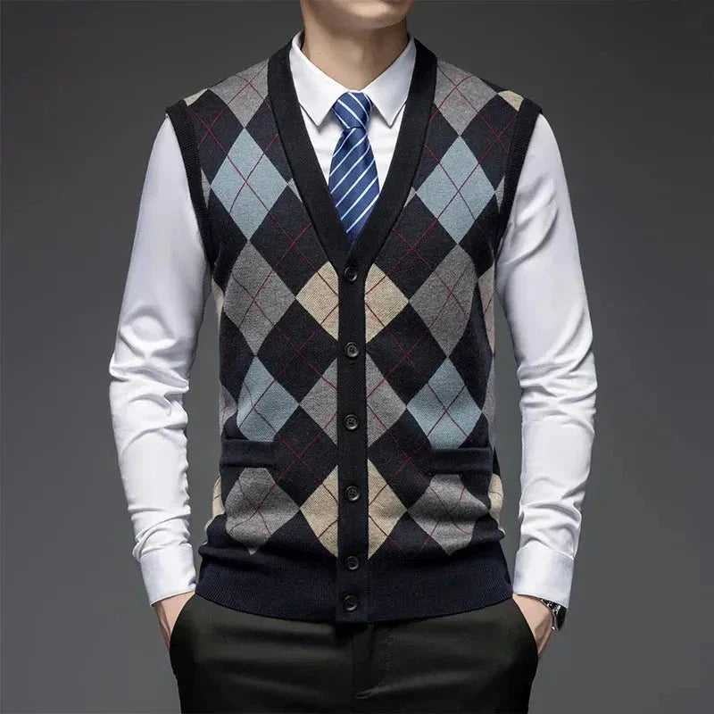 Classic argyle knit wool vest with diamond pattern, button-up front, tailored fit, stretch-rib hem