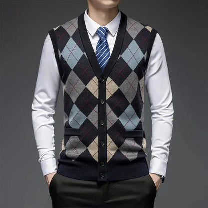 Classic argyle knit wool vest with diamond pattern, button-up front, tailored fit, stretch-rib hem