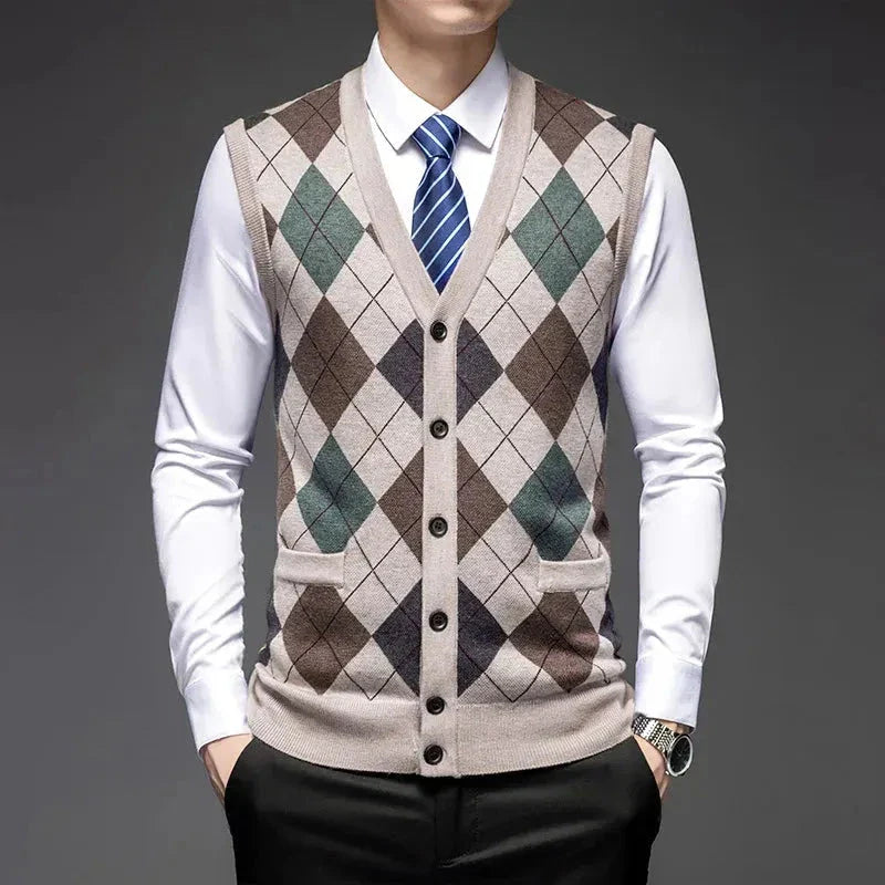 Classic argyle knit wool vest with diamond pattern, tailored fit, and button-up front