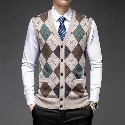Classic argyle knit wool vest with diamond pattern, tailored fit, and button-up front