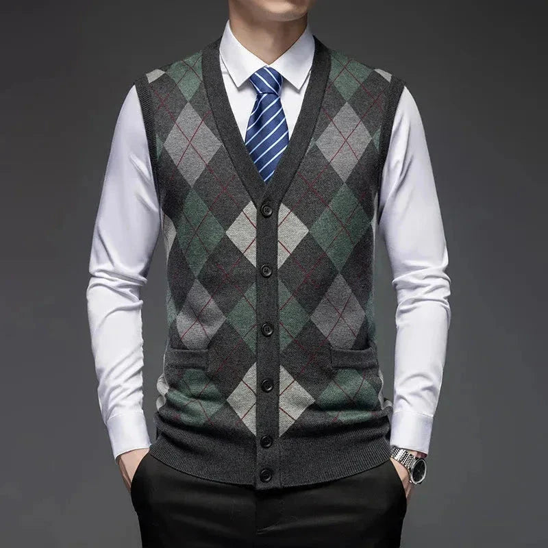 Classic argyle knit wool vest with diamond pattern, button-up front, tailored fit, stretch-rib hem