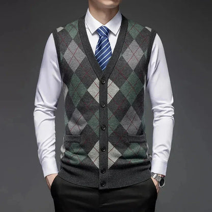 Classic argyle knit wool vest with diamond pattern, button-up front, tailored fit, stretch-rib hem