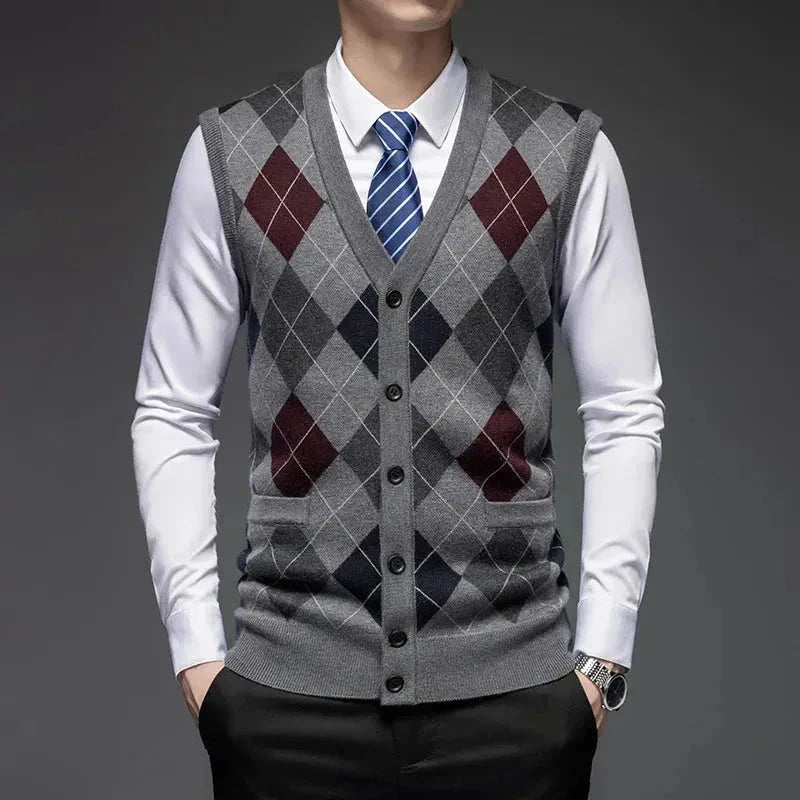 Classic argyle knit wool vest with diamond pattern, tailored fit, and button-up front