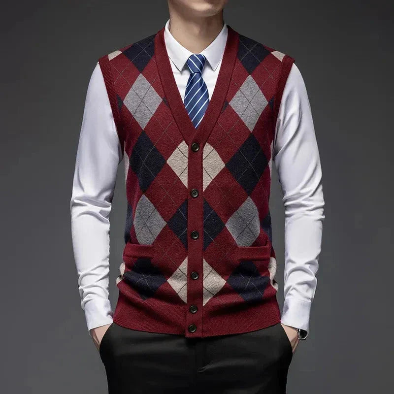 Classic argyle knit wool vest with diamond pattern, tailored fit, and button-up front