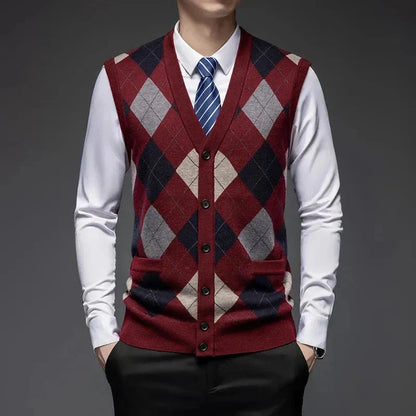 Classic argyle knit wool vest with diamond pattern, tailored fit, and button-up front
