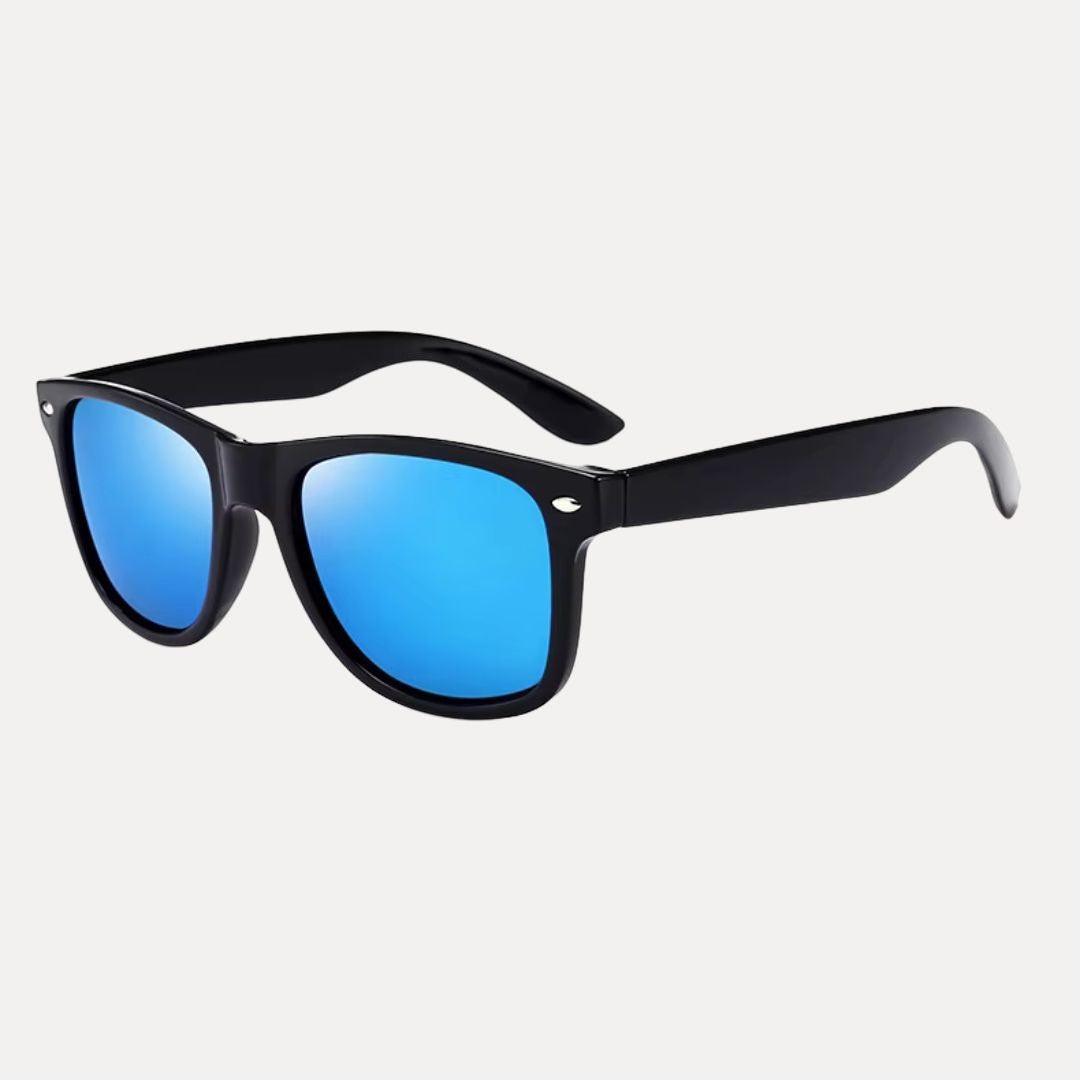 Classic polarized sunglasses black frame vibrant blue mirrored lenses UV400 sleek lightweight design