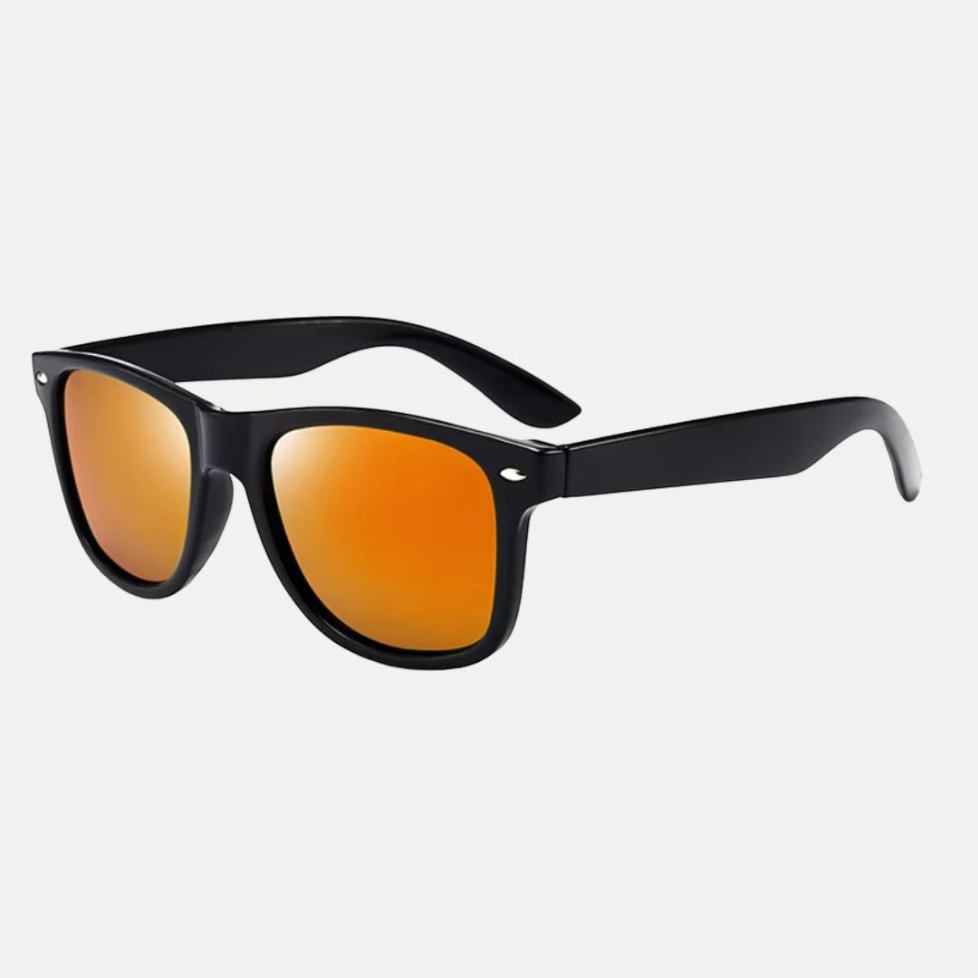 Classic polarized sunglasses black frame vibrant blue mirrored lenses UV400 sleek lightweight design