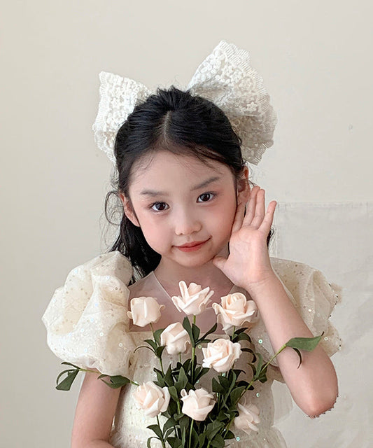 Épingle à cheveux pour enfants, élégante, en alliage beige, avec nœud en tulle et ruban de perles - Wavlynn