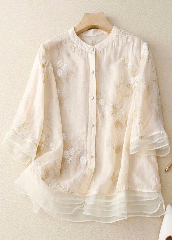 White chic blouse floral embroidery lightweight breathable fabric elegant women's fashion top