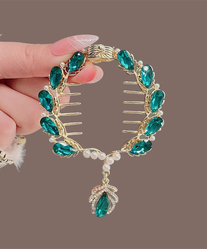 Épingle à cheveux élégante en alliage vert avec perles de zircon et cristal - Wavlynn