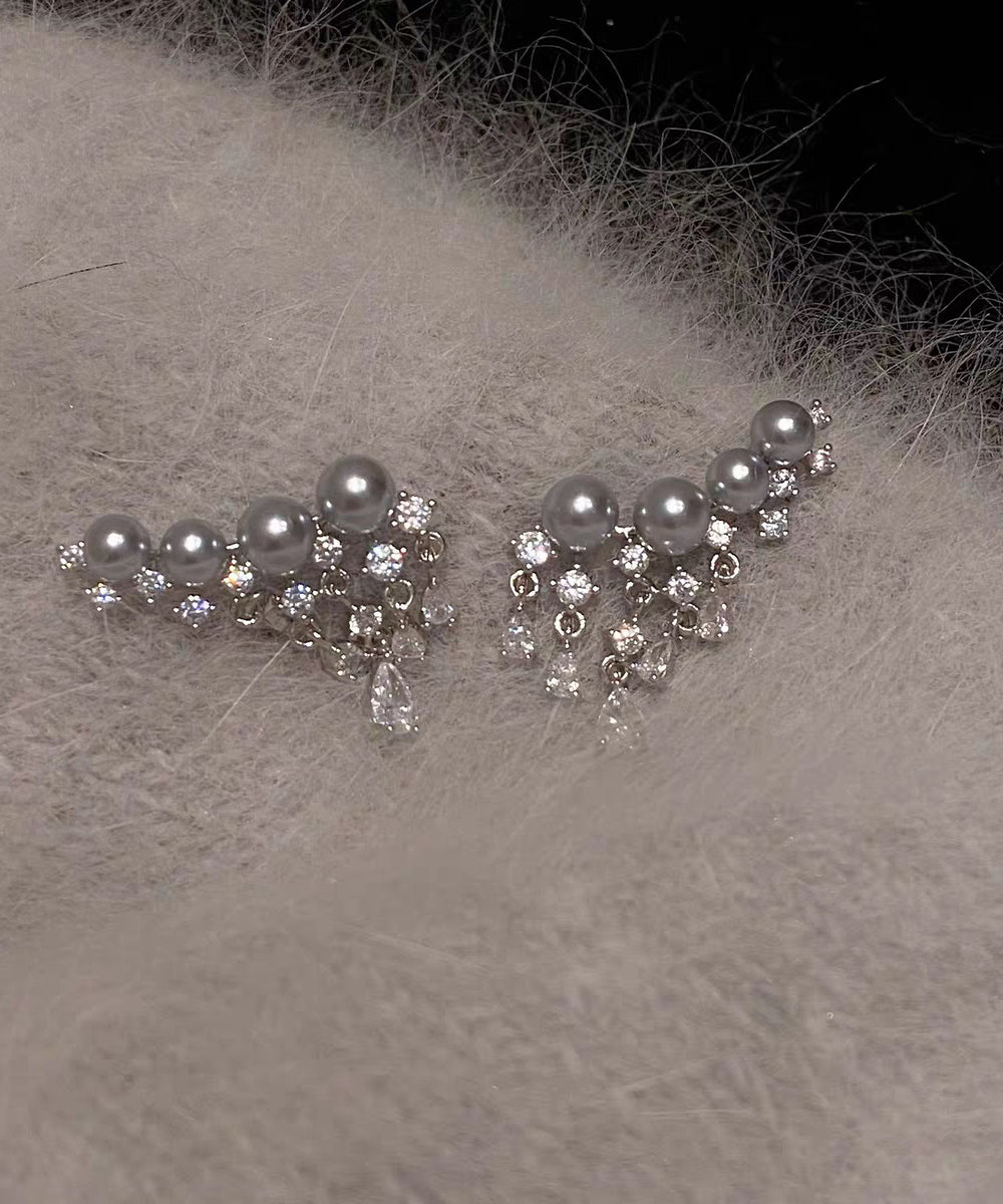 Boucles d'oreilles à pampilles en perles de zircon surdorées en cuivre gris élégant - Wavlynn