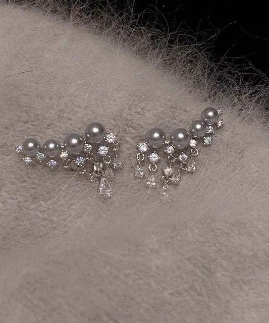 Boucles d'oreilles à pampilles en perles de zircon surdorées en cuivre gris élégant - Wavlynn