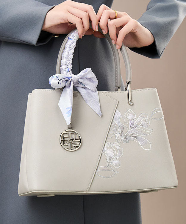 Sac fourre-tout élégant en cuir de veau gris brodé - Wavlynn